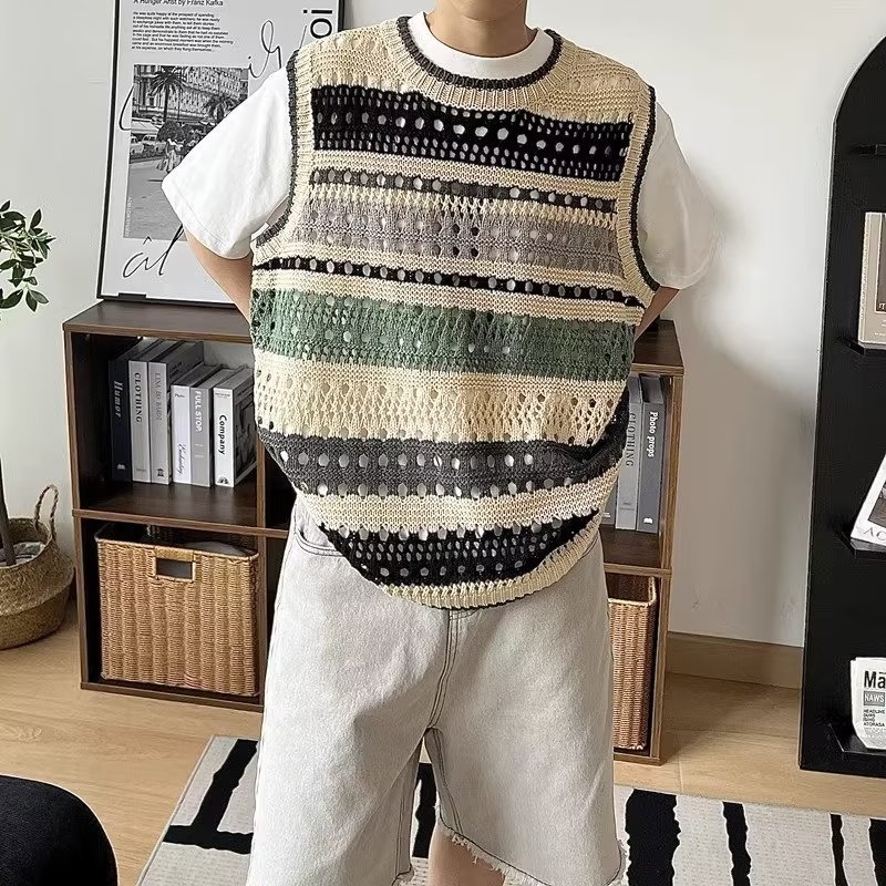 Muški pleteni bez rukava, okrugli ovratnik, prugasti uzorak, vuna od zeca 71–75%, korejski stil