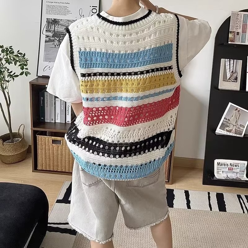 Muški pleteni bez rukava, okrugli ovratnik, prugasti uzorak, vuna od zeca 71–75%, korejski stil