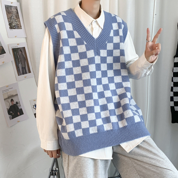 Muški pleteni bez rukava prsluk s kariranim uzorkom, V-izrez, udoban kroj