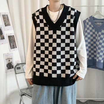 Muški pleteni bez rukava prsluk s kariranim uzorkom, V-izrez, udoban kroj