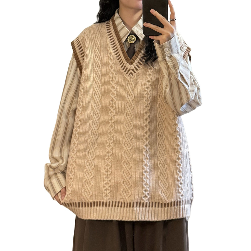 Muški prsluk od kabel pletenine s V-izrezom, opuštenog kroja, vunena smjesa 30-35%, zimski komad