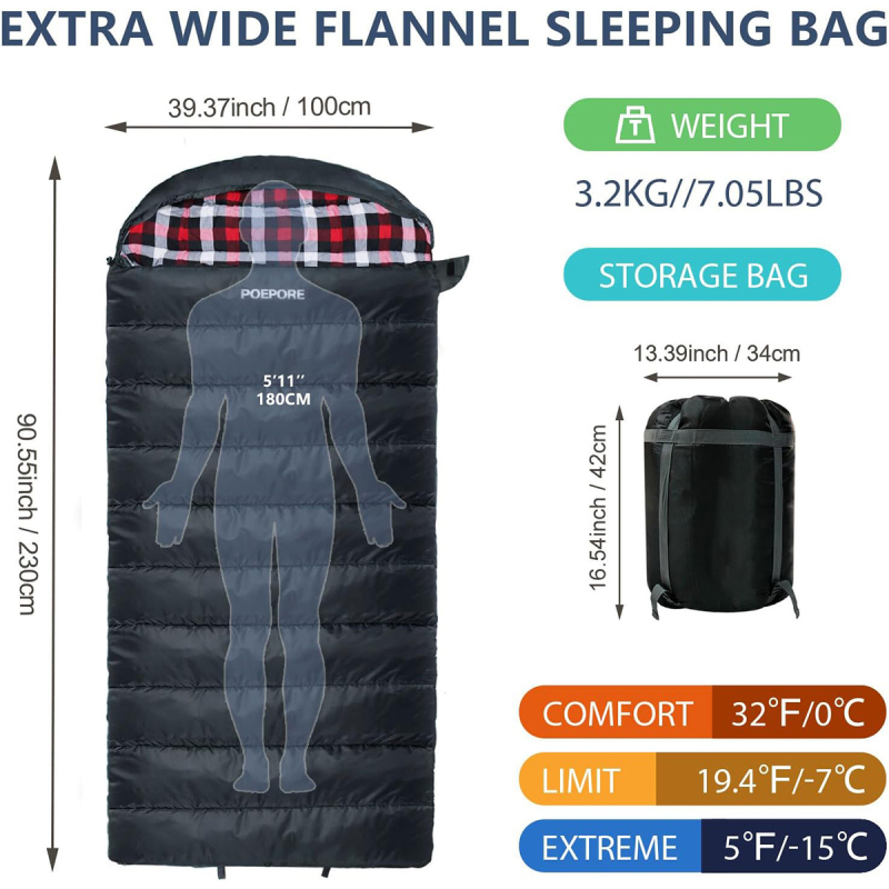 Vanjski vreća za spavanje s punjenjem od šuplje pamuka, flanel podstava, poliester-tafta tkanina, omota konstrukcija, za odrasle, težina 3200 g
