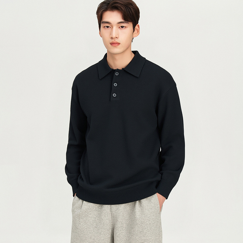 Muški debeli pleteni džemper s ovratnikom tipa lapel, širokog kroja, jednobojni, 36–40% vuna, zimski model.