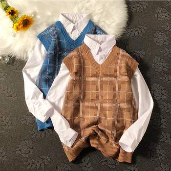 Muška pletena vest s kariranim uzorkom, V-izrez, bez rukava, slobodan kroj, hongkonškog stila