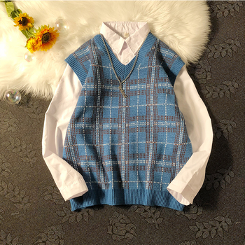 Muška pletena vest s kariranim uzorkom, V-izrez, bez rukava, slobodan kroj, hongkonškog stila