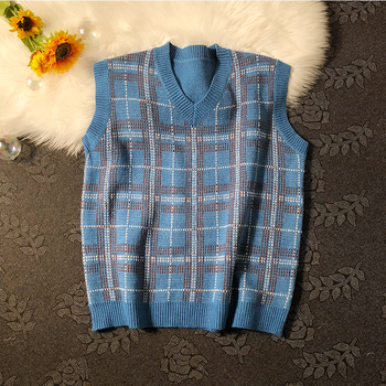 Muška pletena vest s kariranim uzorkom, V-izrez, bez rukava, slobodan kroj, hongkonškog stila