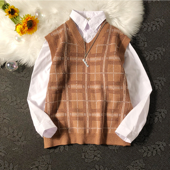 Muška pletena vest s kariranim uzorkom, V-izrez, bez rukava, slobodan kroj, hongkonškog stila