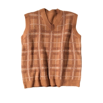 Muška pletena vest s kariranim uzorkom, V-izrez, bez rukava, slobodan kroj, hongkonškog stila