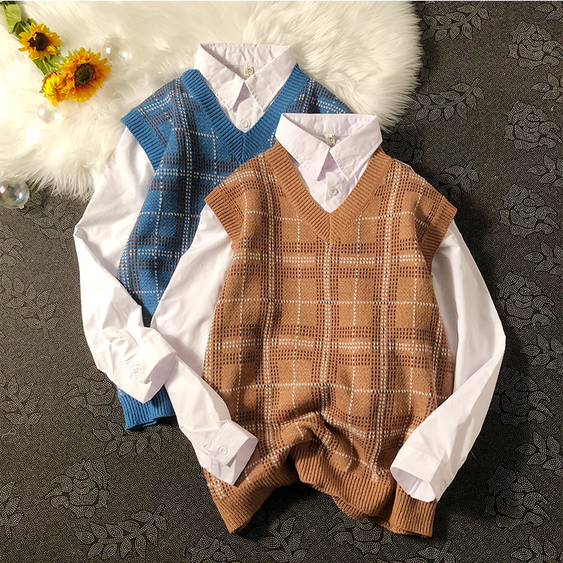 Muška pletena vest s kariranim uzorkom, V-izrez, bez rukava, slobodan kroj, hongkonškog stila