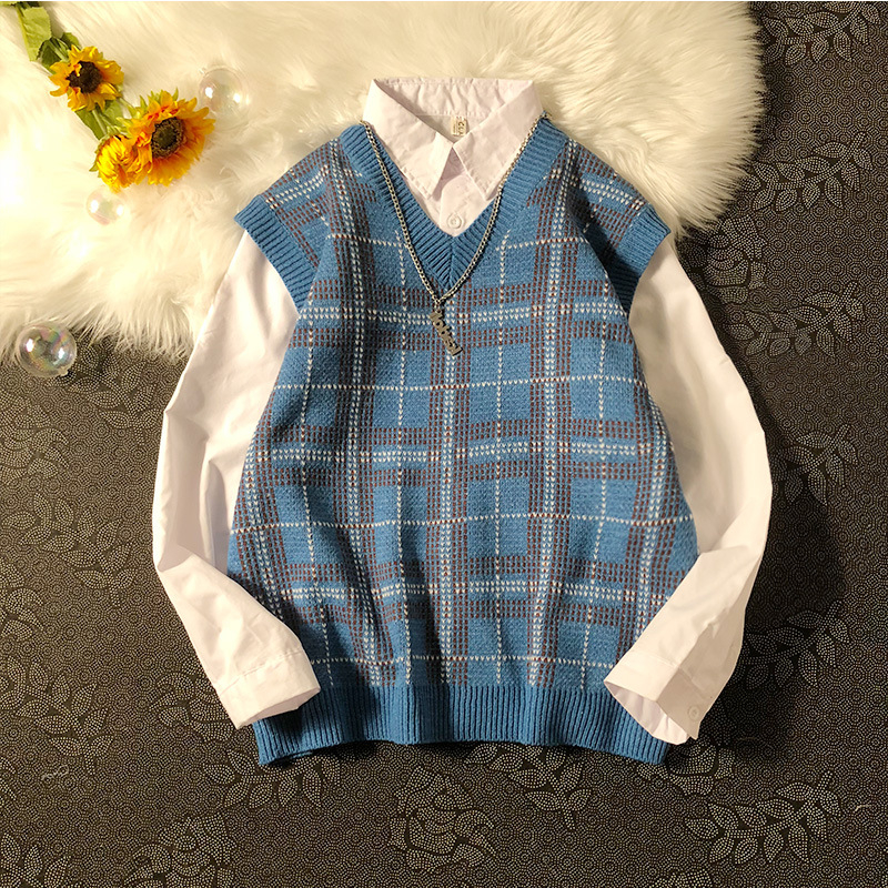 Muška pletena vest s kariranim uzorkom, V-izrez, bez rukava, slobodan kroj, hongkonškog stila