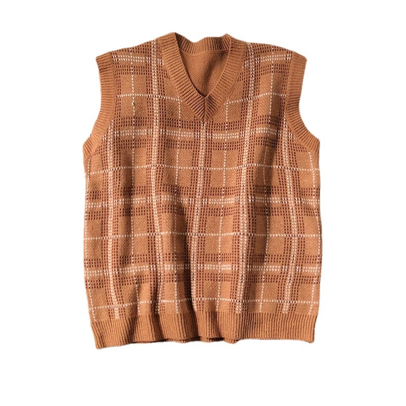 Muška pletena vest s kariranim uzorkom, V-izrez, bez rukava, slobodan kroj, hongkonškog stila