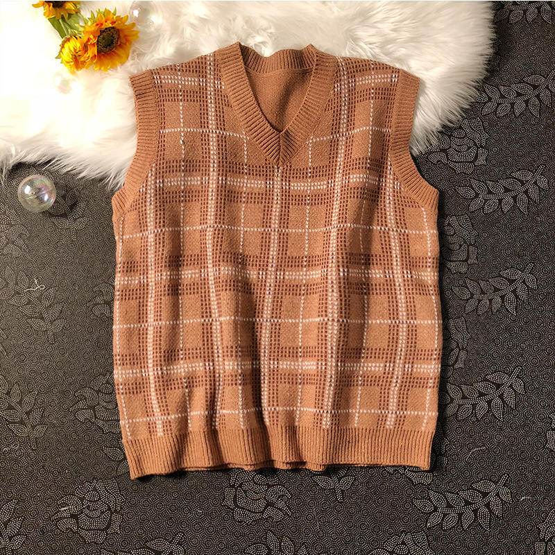 Muška pletena vest s kariranim uzorkom, V-izrez, bez rukava, slobodan kroj, hongkonškog stila