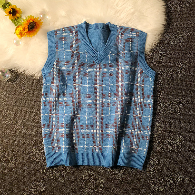 Muška pletena vest s kariranim uzorkom, V-izrez, bez rukava, slobodan kroj, hongkonškog stila
