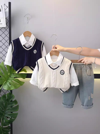 Gyerek öltöny - Tavasz-ősz, Háromrészes nadrágos készlet, Hosszú ujjak, Pamut, Fiúknak, 1–3 éves korosztály