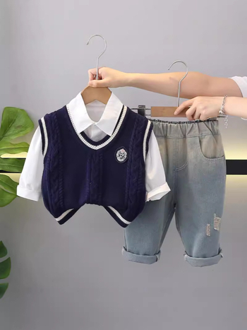 Gyerek öltöny - Tavasz-ősz, Háromrészes nadrágos készlet, Hosszú ujjak, Pamut, Fiúknak, 1–3 éves korosztály