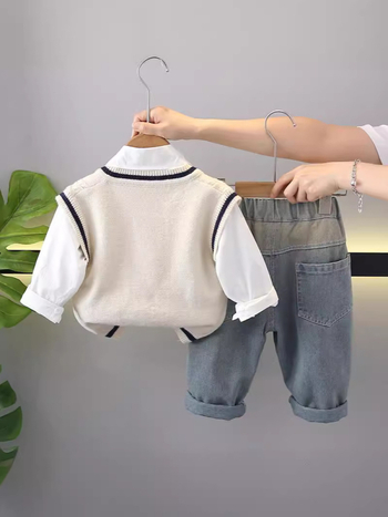 Gyerek öltöny - Tavasz-ősz, Háromrészes nadrágos készlet, Hosszú ujjak, Pamut, Fiúknak, 1–3 éves korosztály