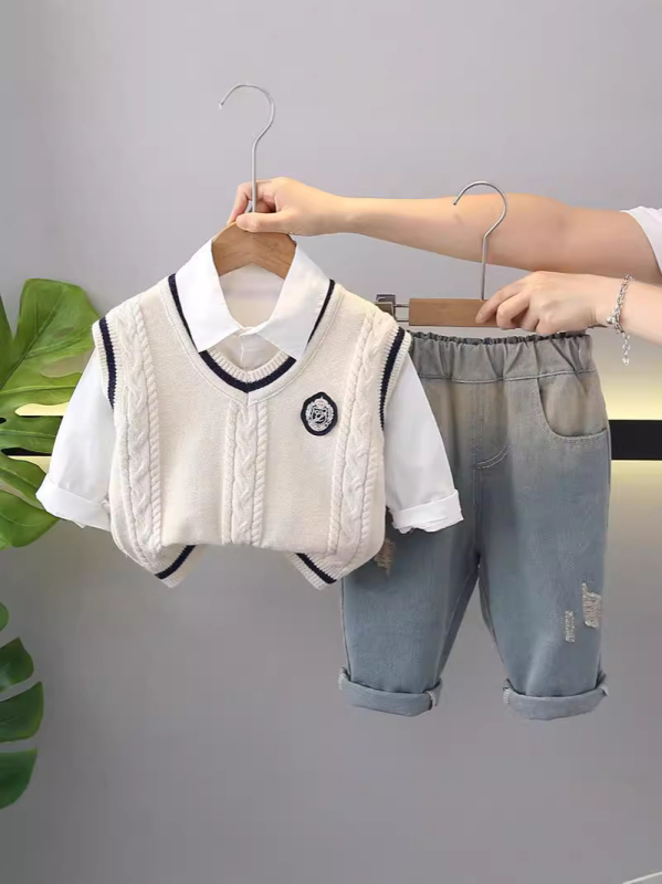 Gyerek öltöny - Tavasz-ősz, Háromrészes nadrágos készlet, Hosszú ujjak, Pamut, Fiúknak, 1–3 éves korosztály