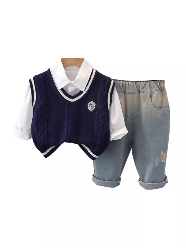 Gyerek öltöny - Tavasz-ősz, Háromrészes nadrágos készlet, Hosszú ujjak, Pamut, Fiúknak, 1–3 éves korosztály