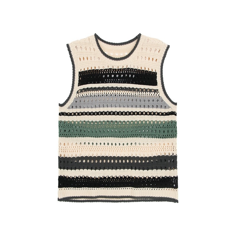 Vintage prugasti bezrukavni prsluk od tanke mrežaste pletenine, okrugli izrez