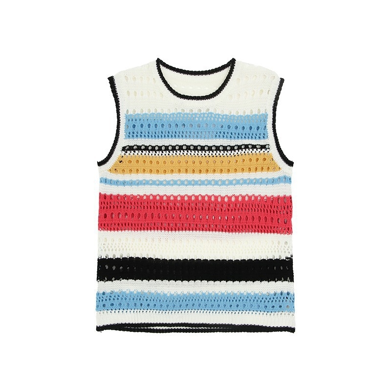 Vintage prugasti bezrukavni prsluk od tanke mrežaste pletenine, okrugli izrez