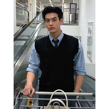 Мъжки плетен жилет с V-образно деколте, без ръкави, свободен силует, тънък модел, 100% вълна, американски неформален стил