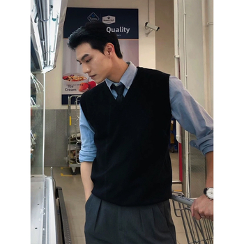 Мъжки плетен жилет с V-образно деколте, без ръкави, свободен силует, тънък модел, 100% вълна, американски неформален стил