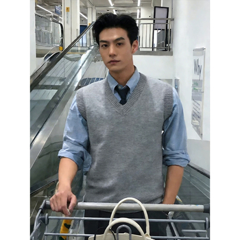 Мъжки плетен жилет с V-образно деколте, без ръкави, свободен силует, тънък модел, 100% вълна, американски неформален стил