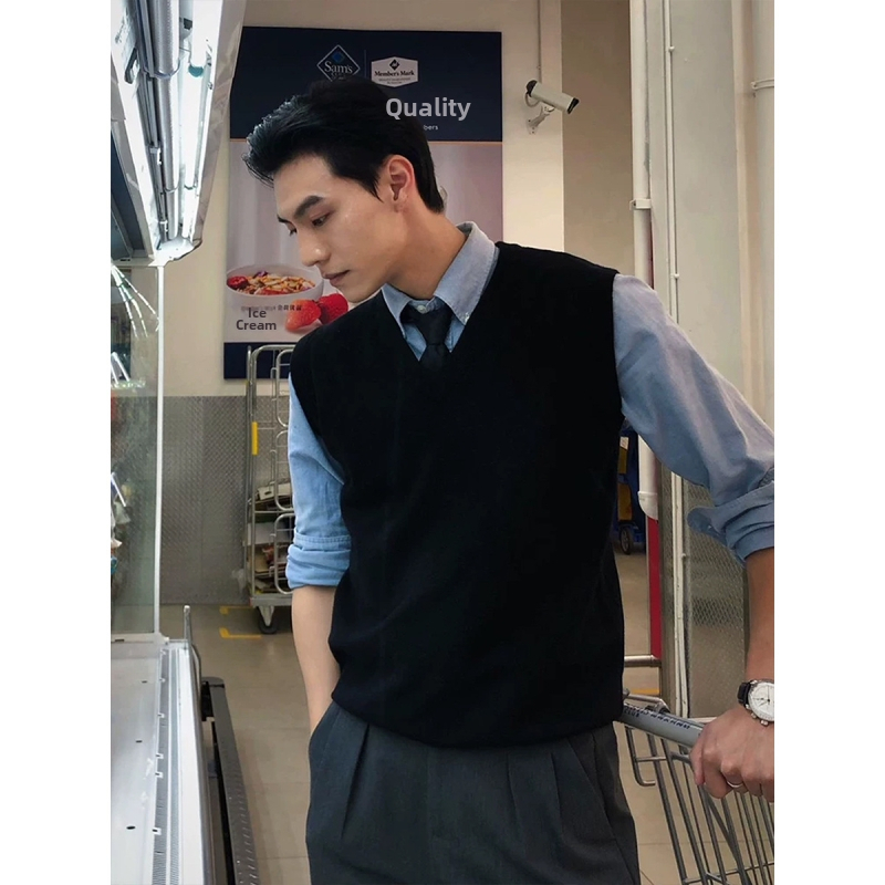 Мъжки плетен жилет с V-образно деколте, без ръкави, свободен силует, тънък модел, 100% вълна, американски неформален стил