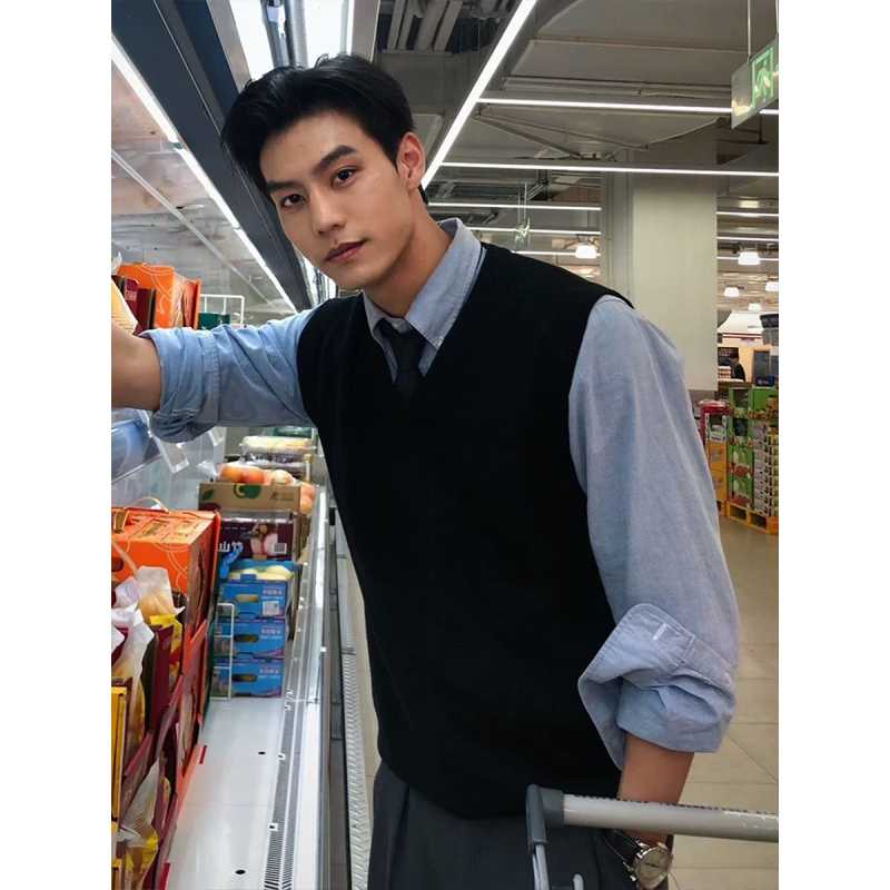 Мъжки плетен жилет с V-образно деколте, без ръкави, свободен силует, тънък модел, 100% вълна, американски неформален стил