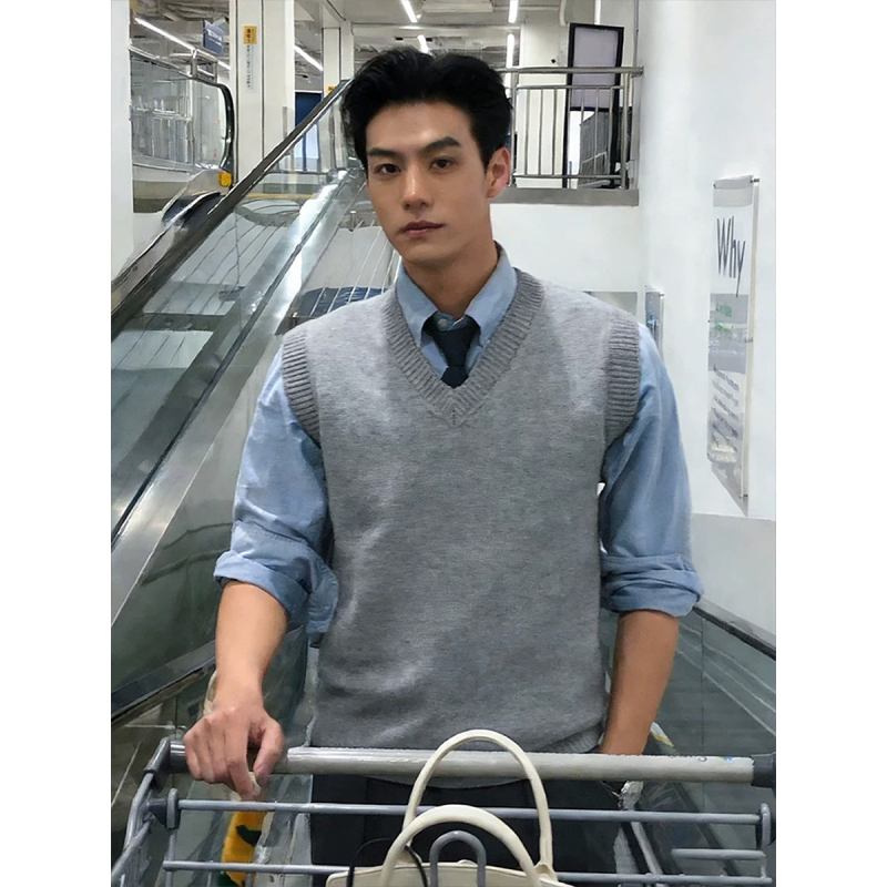 Мъжки плетен жилет с V-образно деколте, без ръкави, свободен силует, тънък модел, 100% вълна, американски неформален стил