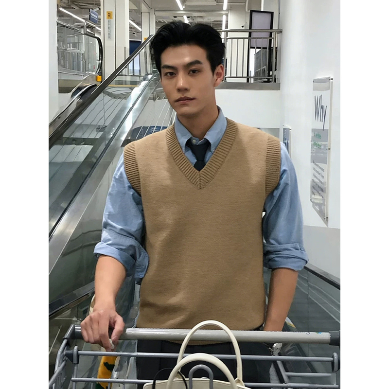 Мъжки плетен жилет с V-образно деколте, без ръкави, свободен силует, тънък модел, 100% вълна, американски неформален стил