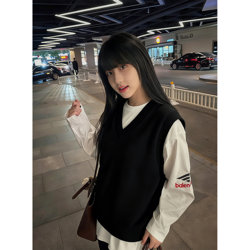 Мъжки плетен жилет с V-образно деколте, без ръкави, свободен силует, тънък модел, 100% вълна, американски неформален стил