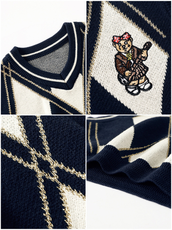 Dječja V-izrez veste od pamuka — 93,5% pamuk, preppy stil, karikaturni uzorak, za uzrast 8+, zima-proljeće-jesen