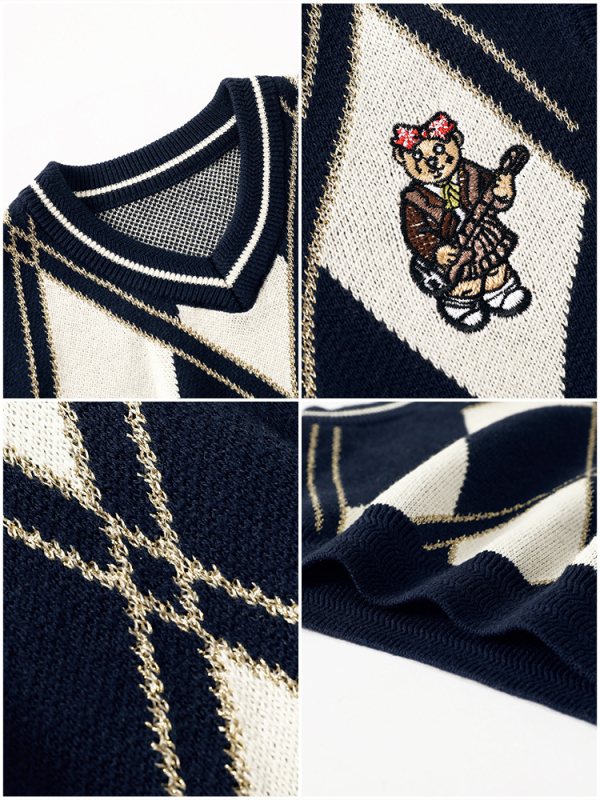 Dječja V-izrez veste od pamuka — 93,5% pamuk, preppy stil, karikaturni uzorak, za uzrast 8+, zima-proljeće-jesen