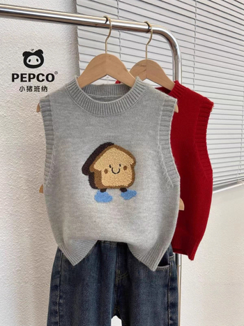 Παιδικό πλεκτό γιλέκο χωρίς μανίκια, pull-over στυλ με καρτούν μοτίβο, κυκλική λαιμόκοψη, κατάλληλο για άνοιξη-φθινόπωρο, ύφασμα Thousand Velvet, ανάμειξη γούνας κουνελιού