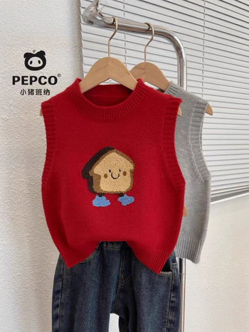 Παιδικό πλεκτό γιλέκο χωρίς μανίκια, pull-over στυλ με καρτούν μοτίβο, κυκλική λαιμόκοψη, κατάλληλο για άνοιξη-φθινόπωρο, ύφασμα Thousand Velvet, ανάμειξη γούνας κουνελιού