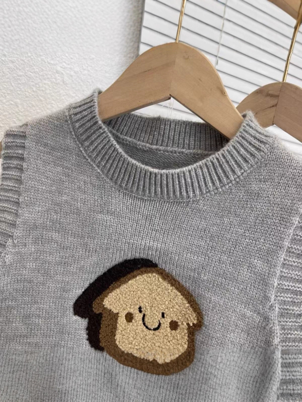 Παιδικό πλεκτό γιλέκο χωρίς μανίκια, pull-over στυλ με καρτούν μοτίβο, κυκλική λαιμόκοψη, κατάλληλο για άνοιξη-φθινόπωρο, ύφασμα Thousand Velvet, ανάμειξη γούνας κουνελιού