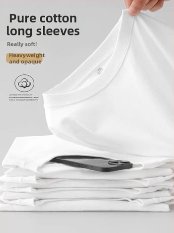 Корейски стил, памучна тениска с дълги ръкави, кръгло деколте, свободна кройка, 96%+ дълговлакнест памук