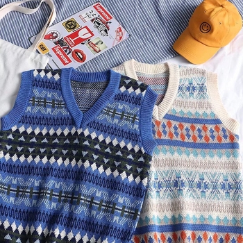 Muški pleteni waistcoat u japanskom stilu, bez rukava, V-izrez, opuštena silueta, poliester-mješavina 30-35% vuna, za proljeće i jesen