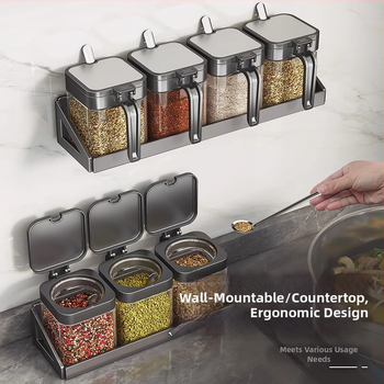 Set de raft pentru condimente cu cadru din oțel și borcane din sticlă, sticle sigilate pentru condimente solide, posibilitate de personalizare