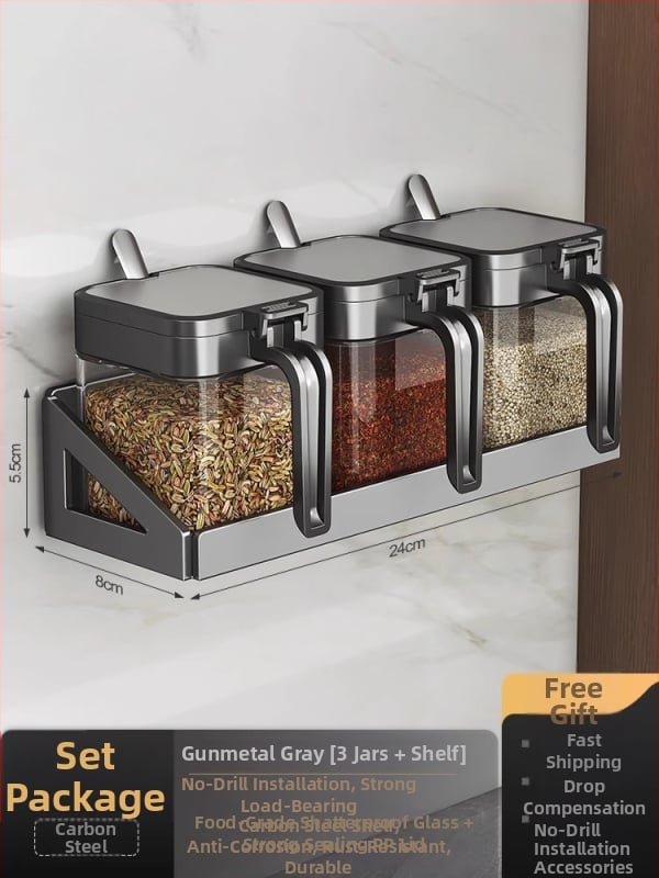 Set de raft pentru condimente cu cadru din oțel și borcane din sticlă, sticle sigilate pentru condimente solide, posibilitate de personalizare