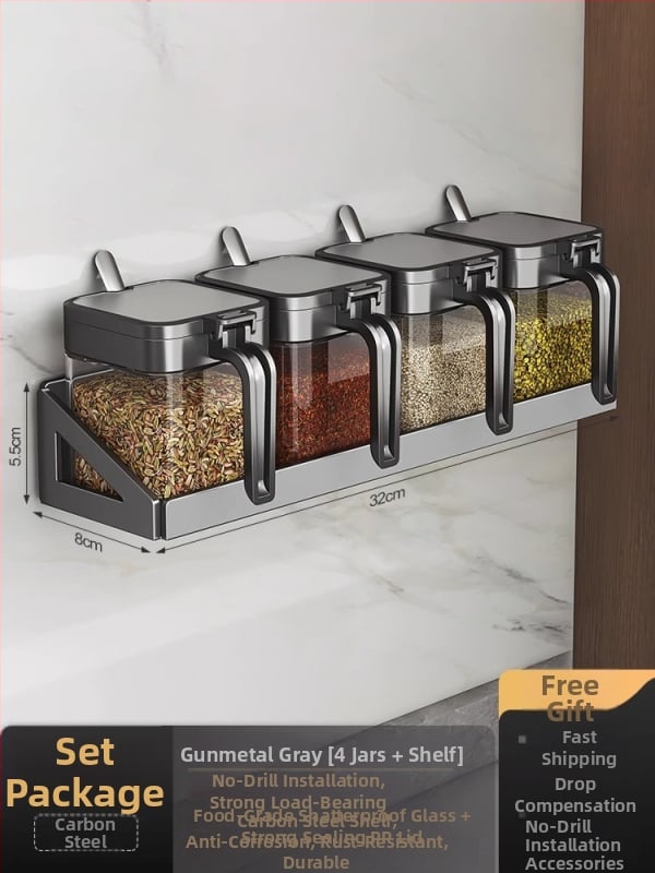 Set de raft pentru condimente cu cadru din oțel și borcane din sticlă, sticle sigilate pentru condimente solide, posibilitate de personalizare