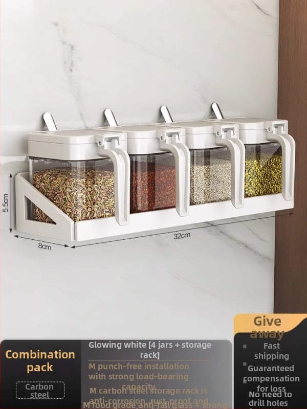 Set de raft pentru condimente cu cadru din oțel și borcane din sticlă, sticle sigilate pentru condimente solide, posibilitate de personalizare