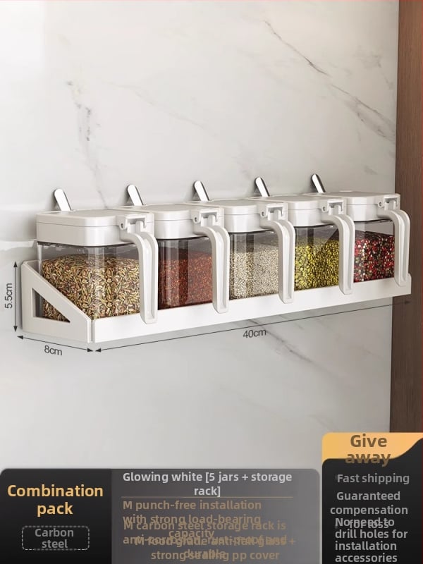 Set de raft pentru condimente cu cadru din oțel și borcane din sticlă, sticle sigilate pentru condimente solide, posibilitate de personalizare