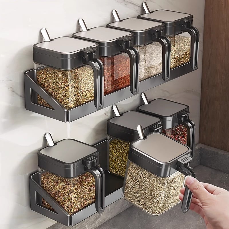 Set de raft pentru condimente cu cadru din oțel și borcane din sticlă, sticle sigilate pentru condimente solide, posibilitate de personalizare