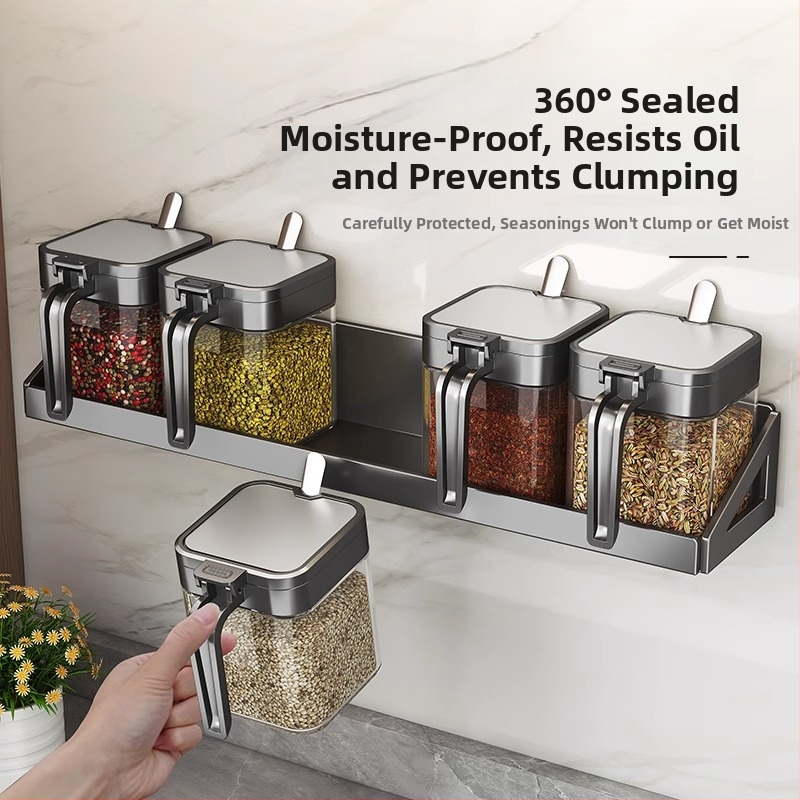 Set de raft pentru condimente cu cadru din oțel și borcane din sticlă, sticle sigilate pentru condimente solide, posibilitate de personalizare