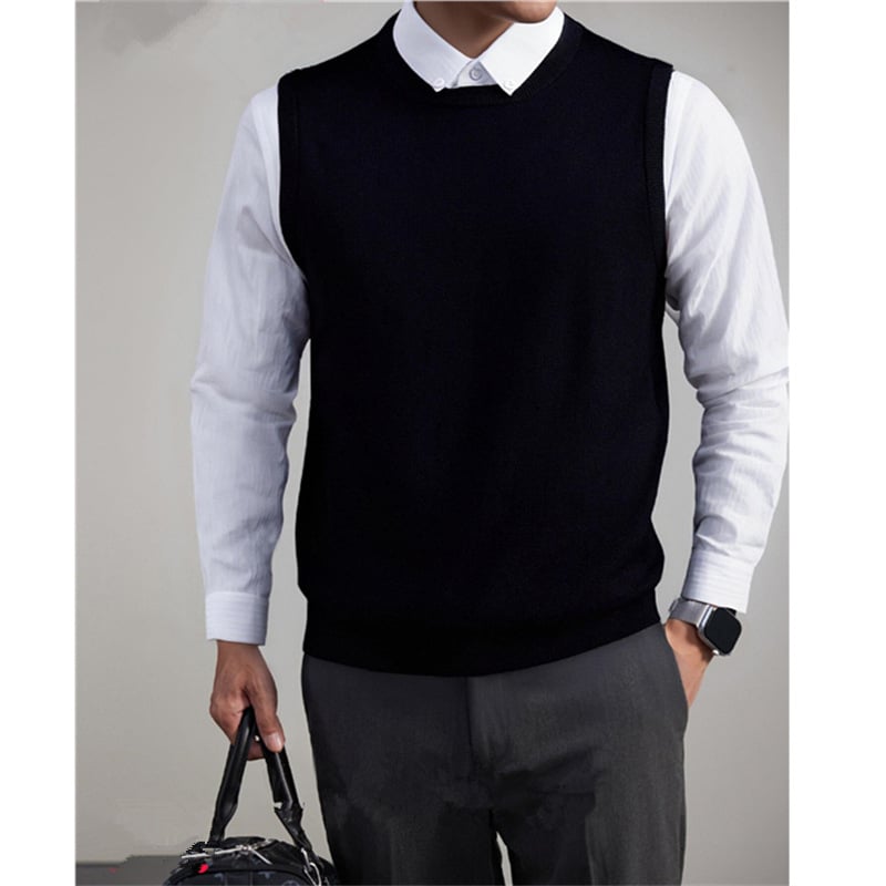 Мъжки плетен безръкав термален жилет, свободна кройка, едноцветен, 90–95% полиестер, обработка без гладене, зимен корейски стил