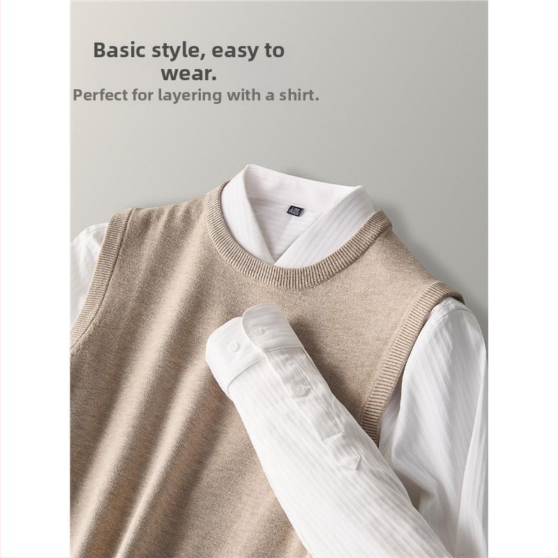 Мъжки плетен безръкав термален жилет, свободна кройка, едноцветен, 90–95% полиестер, обработка без гладене, зимен корейски стил