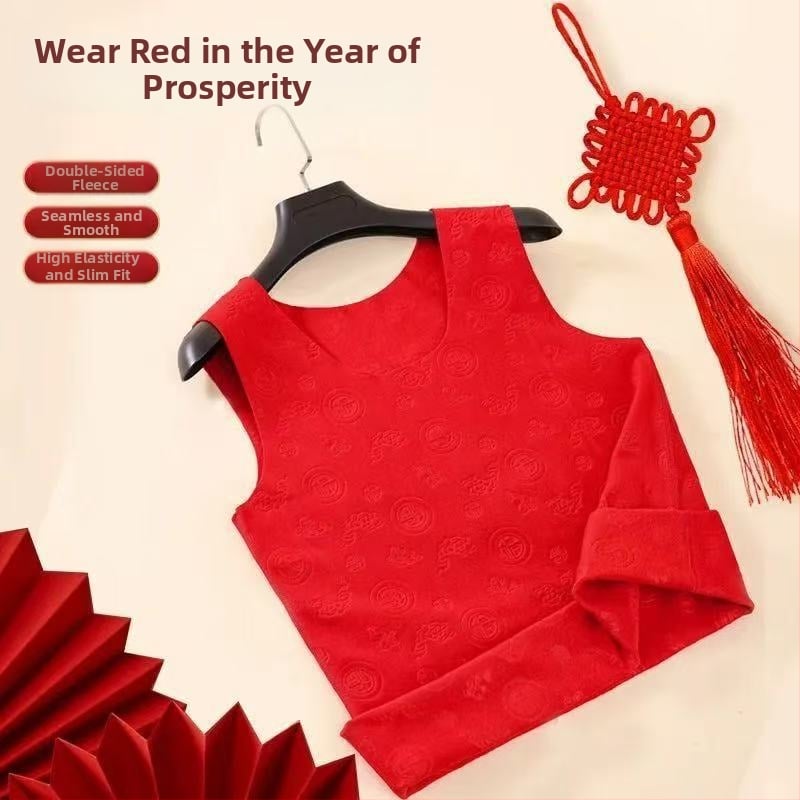 Crvena termalna vestica s motivom oblaka i simbolom sreće, unisex, jesen-zima