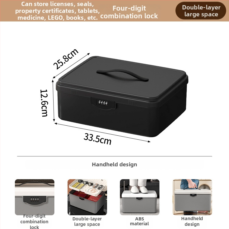 Zárható tároló doboz értékekhez és fontos dokumentumokhoz — asztali rendező ABS műanyagból, nordic stílus, hajlított fedél, por- és nedvességálló, hordozható